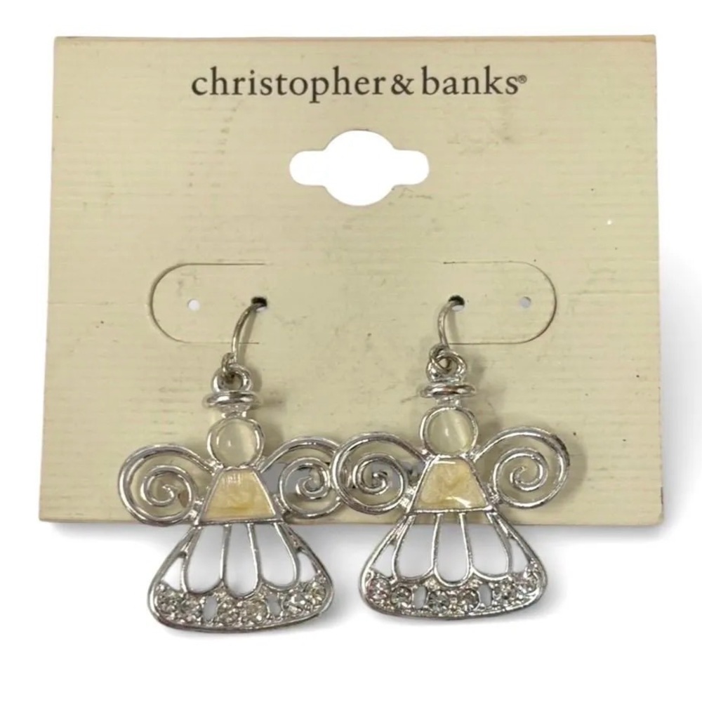 Vintage Christopher & Banks Silver-Tone Enamel Angel Dangle Earrings